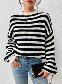 SHEIN Essnce Sọc Thả vai Áo len - Đen và trắng - Xem 1