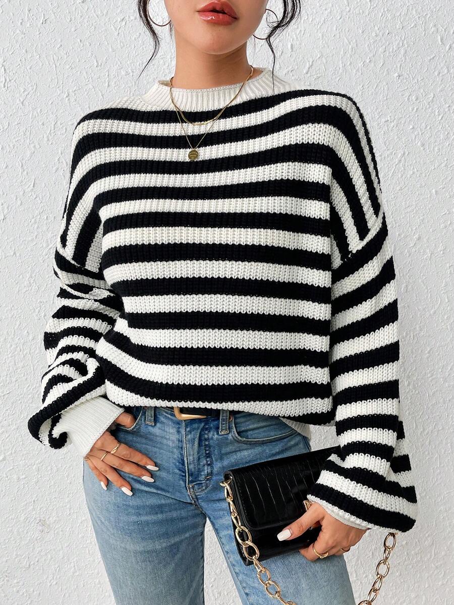 SHEIN Essnce Sọc Thả vai Áo len - Đen và trắng - Xem 1