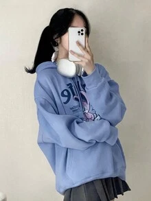DAZY 女士卡通字母印花束口連帽衛衣 - 紫色 - 查看 2