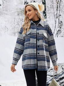 SHEIN Áo khoác kiểu áo sơ mi kẻ sọc thả vai cho bà bầu, mùa đông - Màu xanh lam - Xem 4