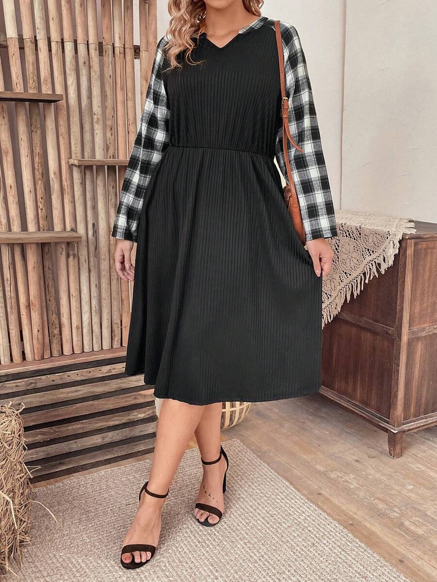 SHEIN LUNE Plus Size Plaid Colorblock Shift Dress With Notched Neckline, Raglan Sleeve, And Hidden Pockets Fall Cloth For Women - Multicolor - View 1