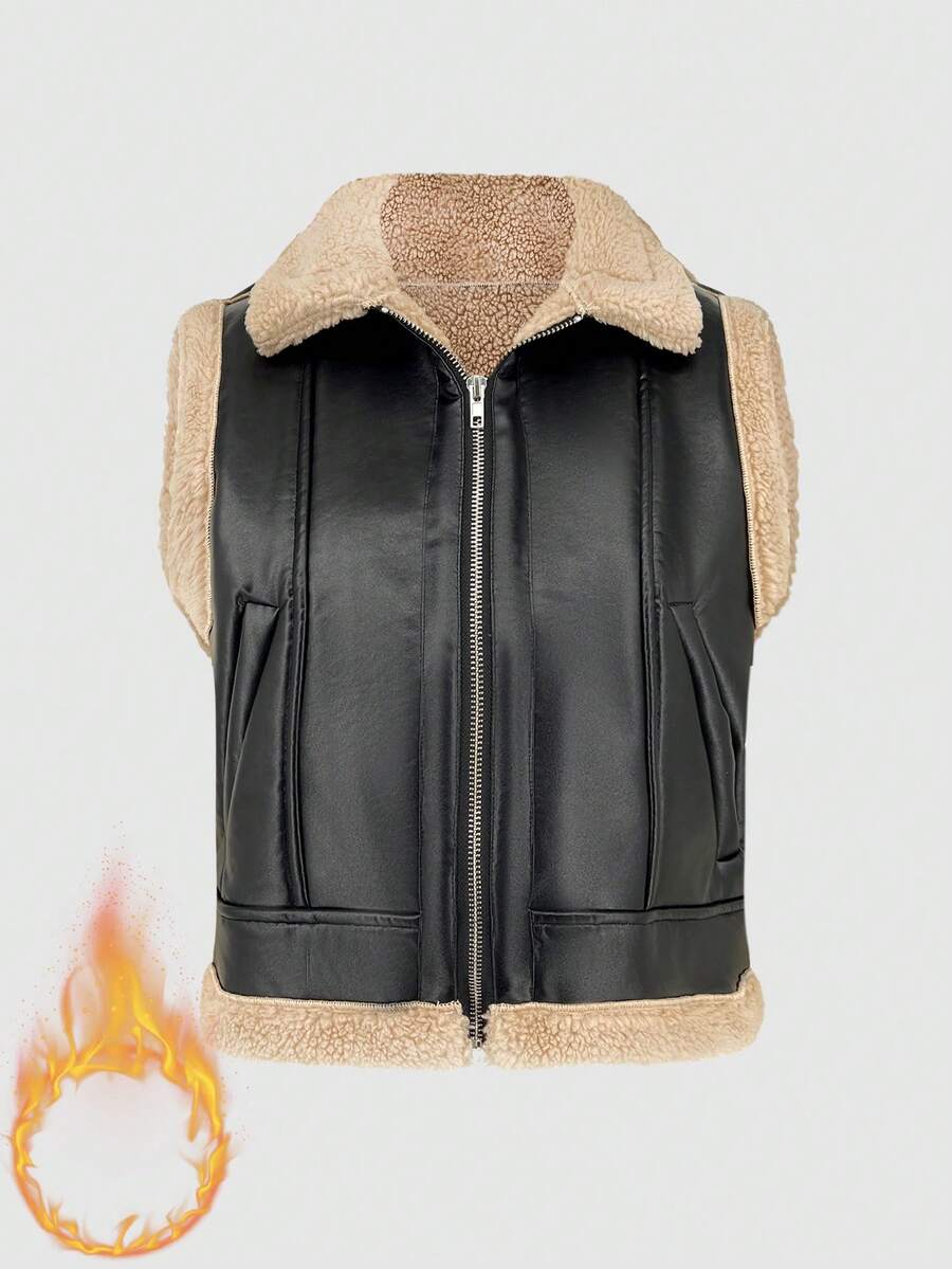 SHEIN Unity Vá lại Chất vải Túi nghiêng Dây kéo Khép kín Áo vest - màu đen - Xem 1