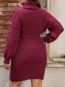 SHEIN LUNE Plus Size Women's Cable Knitted Belted Sweater Dress - Red - View 2