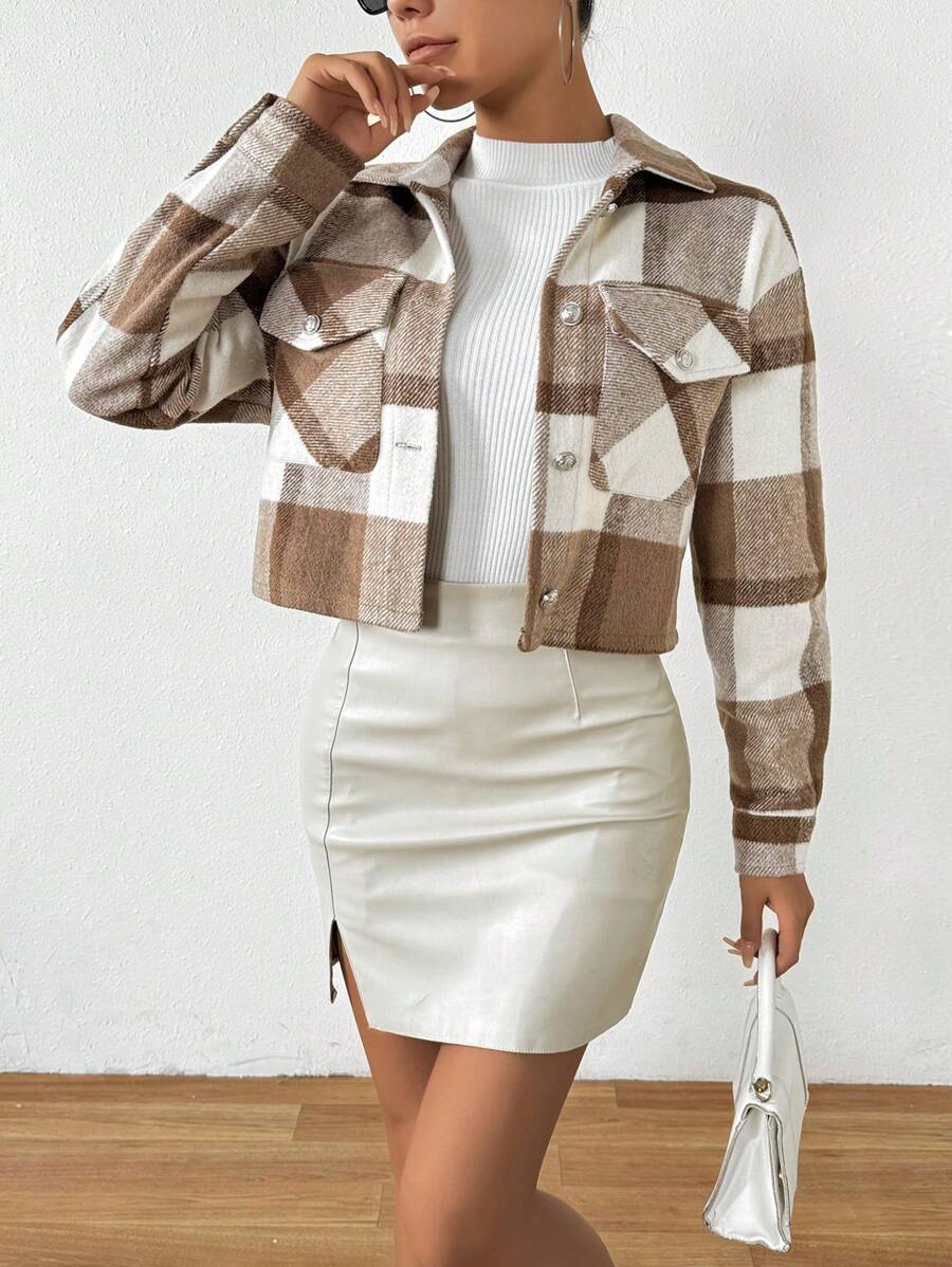 SHEIN Essnce 格紋折領翻蓋口袋羊毛外套 - 卡其色 - 查看 1