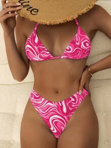 Summer Beach Allover Print Halter Triangle Bikini Set With Beach Skirt - Multicolor - View 4