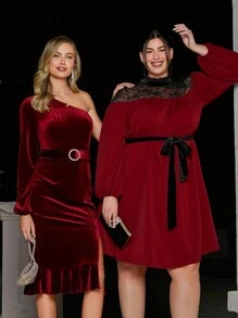 SHEIN Clasi 女士絲絨單肩魚尾裙,配腰帶 - 酒紅色 - 查看 4