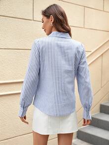 SHEIN Privé Women's Striped Collar Lace Hollow Out Shirt - Blue - View 2