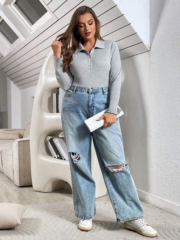 Plus Size Women's Spring Clothing Simple Polo Button Collar Knitted Ribbed Bodysuit