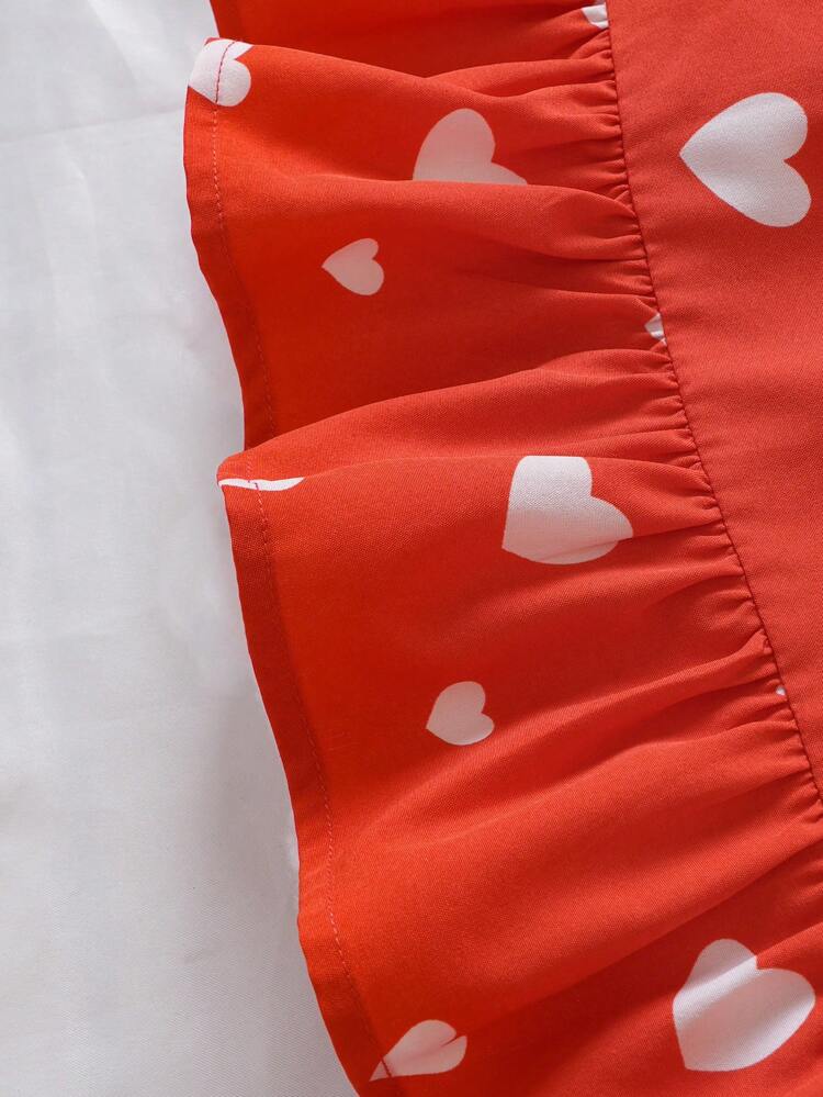 Young Girls' Woven Heart Patterned Dress With Ruffle Trim And Puff Sleeves