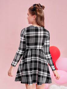 SHEIN Tween Girl Knitted Plaid Round Neck Casual Dress - Black - View 2