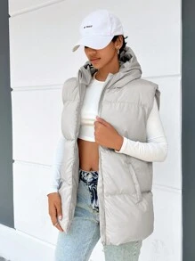 Zip Up Hooded Puffer Vest Coat - Light Grey - View 3