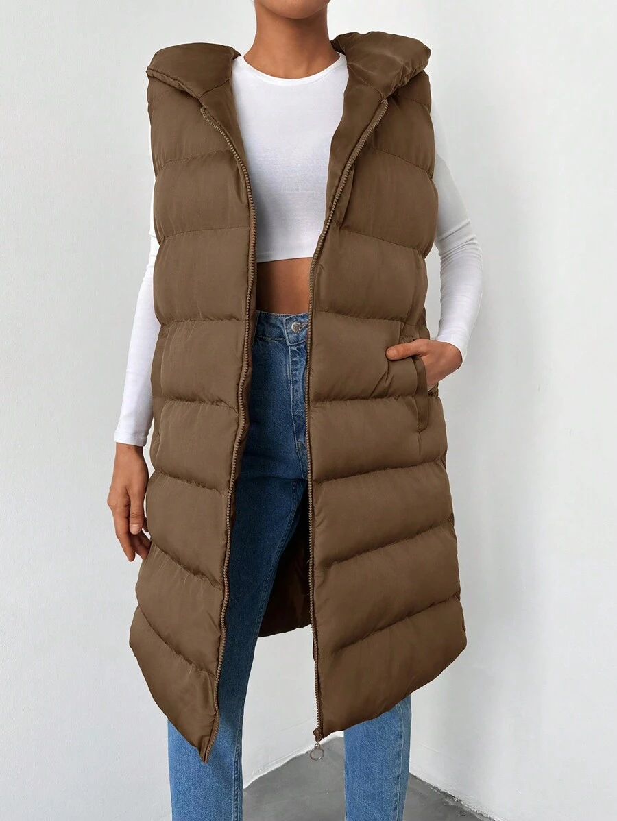 EURMUSE Zip Up Hooded Vest Puffer Coat - Brown - View 1