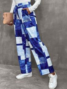 SHEIN LUNE Patchwork Print Elastic Waist Pants - Blue - View 6