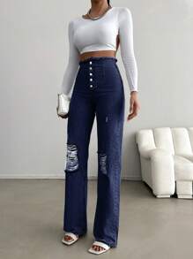 RueChic Vaqueros De Mezclilla Desgastados Con Bragueta De Botones Para Mujer