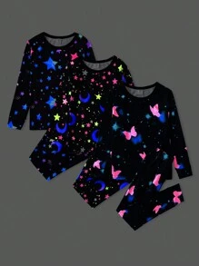 Young Girl Snug Fit 3 Sets Long Sleeve Long Pants Pajama With Reflective Pattern - Black - View 1