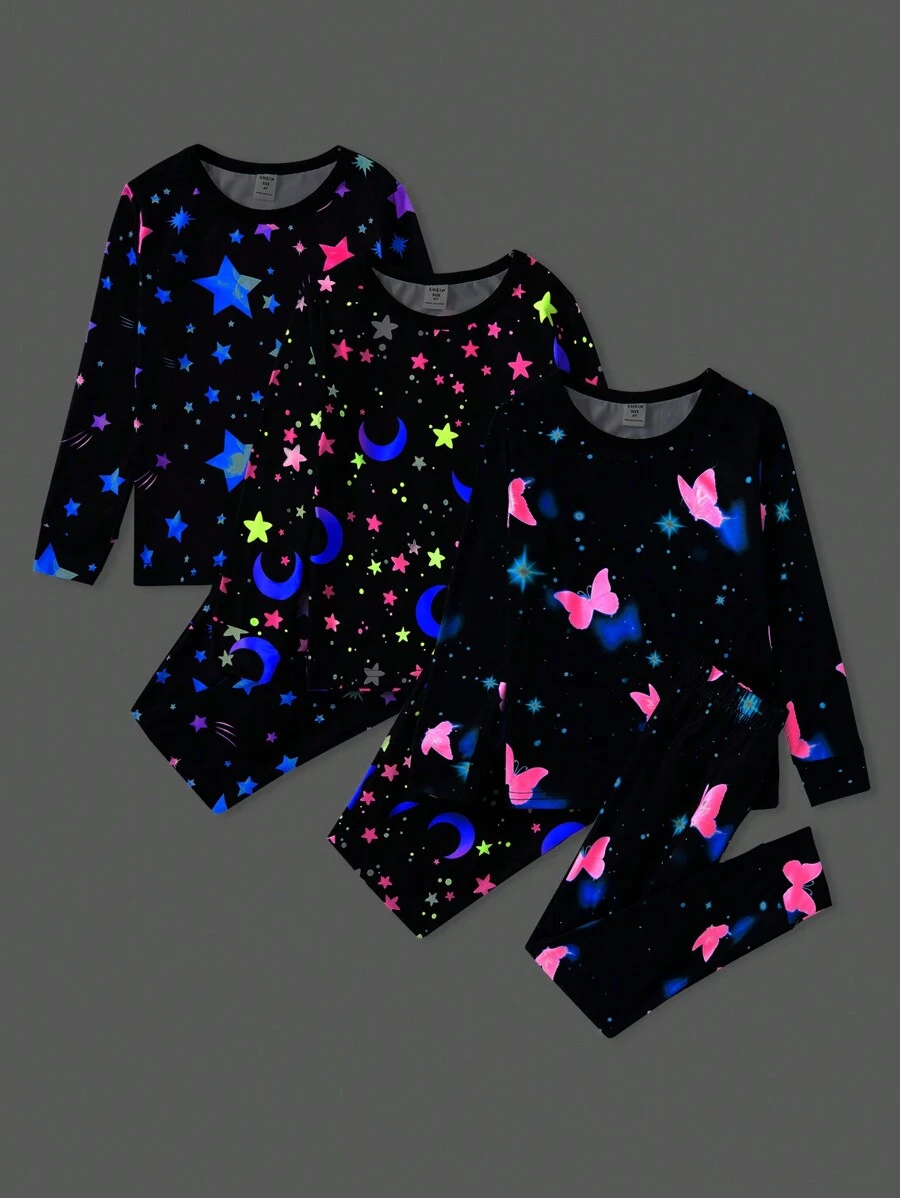 Young Girl Snug Fit 3 Sets Long Sleeve Long Pants Pajama With Reflective Pattern - Black - View 1