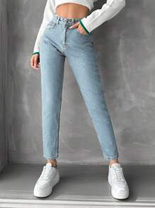 EURMUSE Hög Midja Avsmalnande Fit Jeans - Ljustvätt - Visa 4