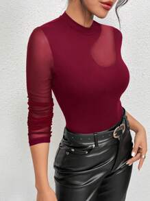 SHEIN Privé 女式純色網布t卹 - 酒紅色 - 查看 4