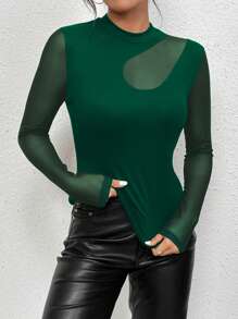 SHEIN Privé Mảnh lưới Áo thun - Màu xanh lá cây đậm - Xem 4