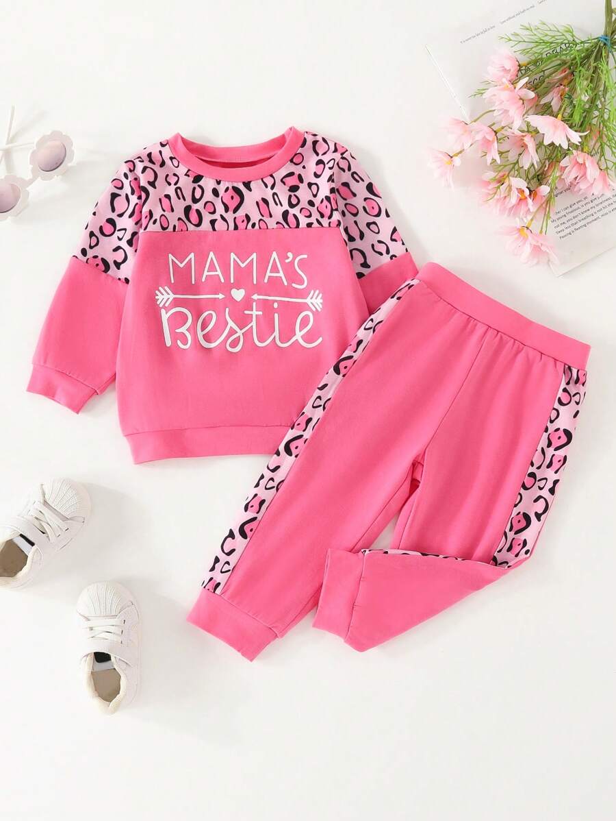 Baby Girls' Leopard-print Spliced Letter Print Sports And Casual Sweatshirt Set