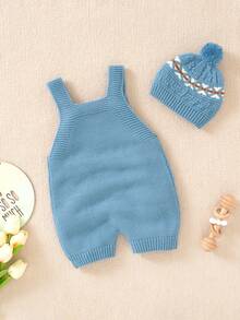 Baby Girls' Sweater Jumpsuit With Straps, Different Cute Patterns, Matching Hat - Blue - View 2