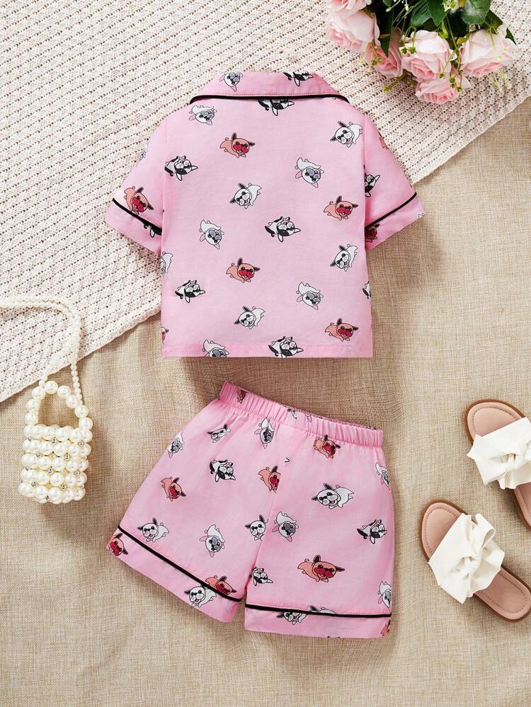 Baby Girls' Cute Dog Patterned Short Sleeve Top With Elastic Waist Shorts Set, Homewear