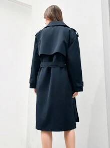 Anewsta Ladies Lapel Snap-Button Trench Coat - Navy Blue - View 2