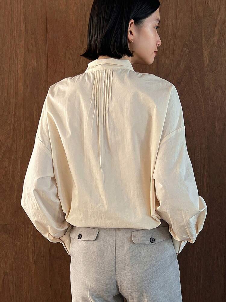 Women's Solid Color Drop-Shoulder Button-Front Knotted Shirt Long Sleeve Top