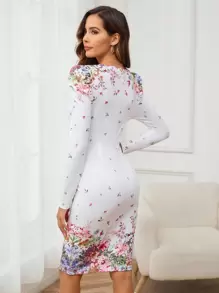 SHEIN Clasi 女士花卉印花羊腿袖连衣裙扇贝边白色连衣裙 - 彩色 - 查看 2