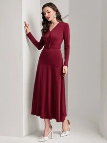 Modelyn Burgundy Red Women's Solid Color V-Neck Waist Cinched A-Line Dress - Burgundy - View 3