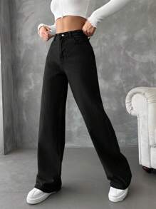 SHEIN Cottnline Casual Solid Straight-Leg Jeans - Black - View 5