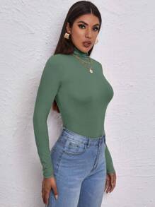 RueChic High Neck Form Fitted Tee - Army Green - View 4