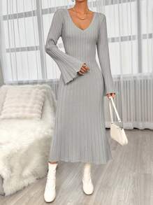 SHEIN Privé Women's V-neck Flared Sleeve Sweater Dress - Grey - View 1
