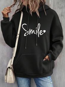 RueChic Women's Hooded Sweatshirt With Letter Print And Drawstring - Black - View 6