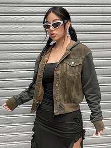 SHEIN EZwear Women's Hooded Drop Shoulder Denim Jacket - Green - View 3