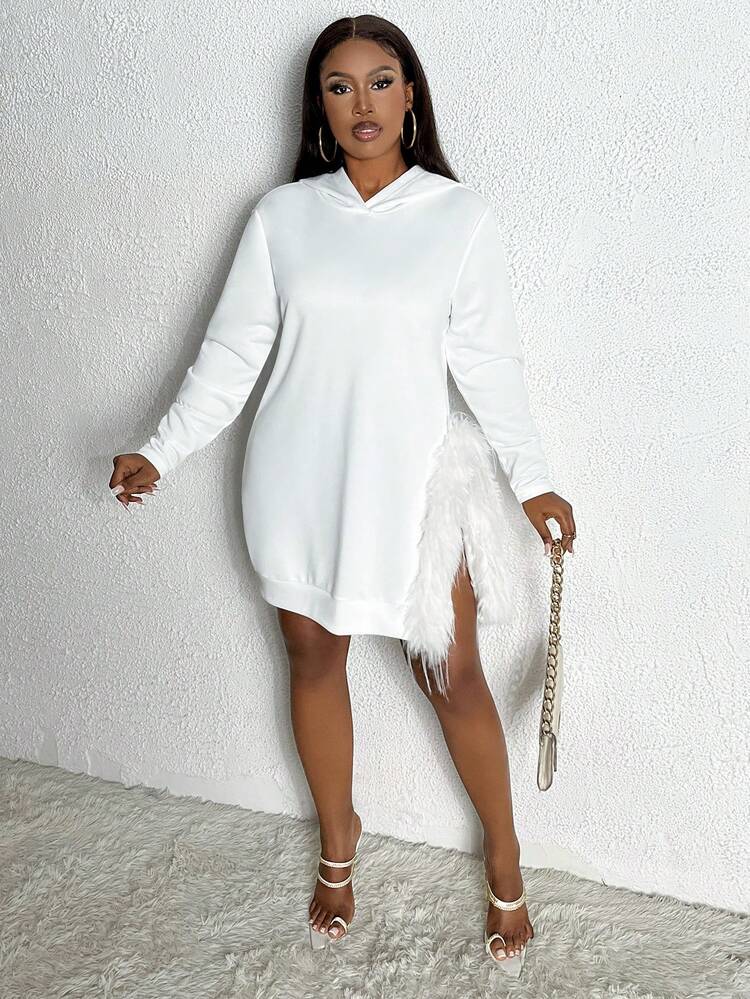 Plus Size Solid Color Hooded Sweatshirt With Frayed Hem