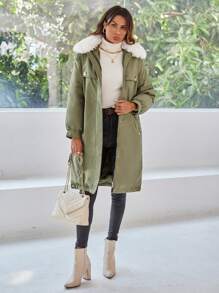 SHEIN Essnce 中长款毛领夹棉大衣，休闲撞色设计，冬季 - 綠色 - 查看 3