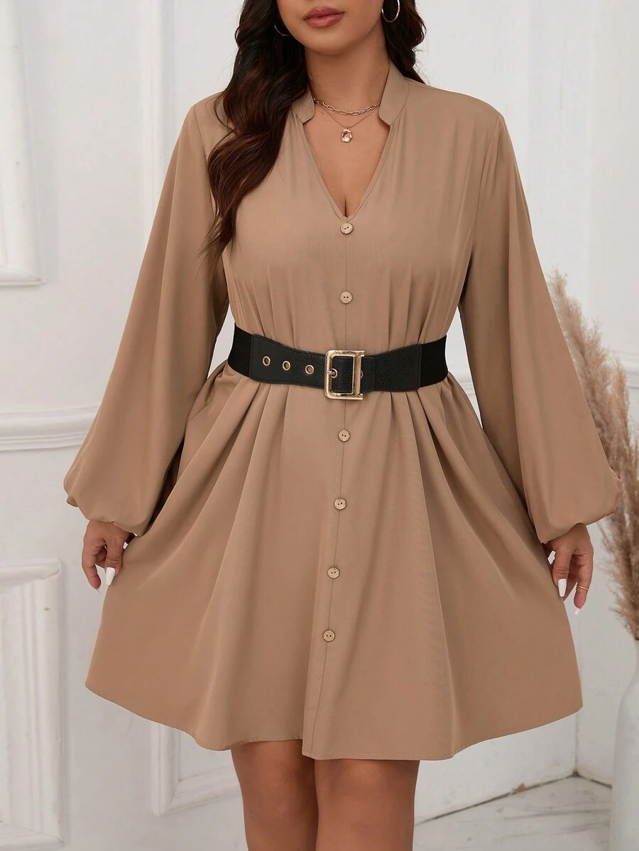 SHEIN LUNE Thanh lịch Kích thước lớn Tay áo dài Cổ chữ V Đầm - Màu Khaki - Xem 1