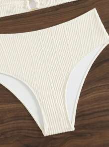 SHEIN Swim Summer Beach Ladies' Solid Color Textured Halter Neck Two Pieces Bikini Set Wedding - Beige - View 4