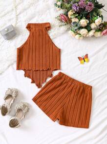 幼兒女孩純色條紋針織露背上衣和短褲套裝 - 咖啡棕 - 查看 5