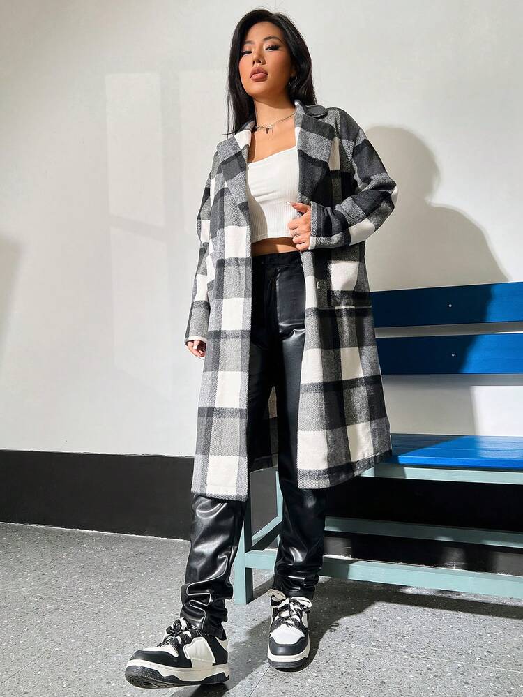 Women's Plaid Notched Lapel Woolen Overcoat Fall Cloth For Women