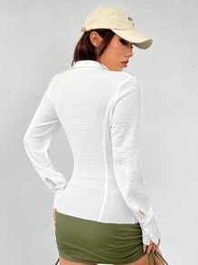 SHEIN EZwear White Woven Women's Shirt,Long Sleeve Tops