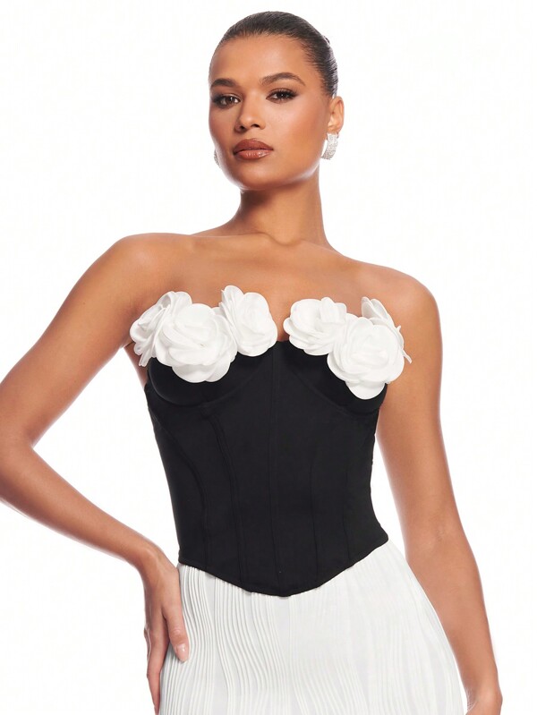 SHEIN BAE Femei superbe, tridimensionale, decorate cu flori, cu bloc de culoare, pentru Anul Nou și Ziua Îndrăgostiților