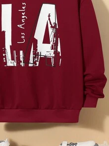 SHEIN Thiếu niên Con trai Lỏng lẻo Phù hợp In thư Vòng cổ Áo nỉ - Màu Đỏ Sâu - Xem 4