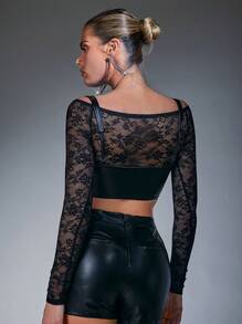 Hauture Twist PU Leather Crop Lace Top - Black - View 2