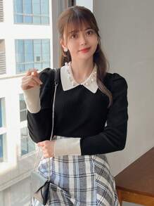 FRIFUL 附裝飾領泡泡袖套頭毛衣 - 黑色 - 查看 4