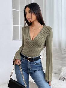 SHEIN PETITE Bọc Đường viền cổ áo Tay áo loe Áo thun - xanh quân đội - Xem 4