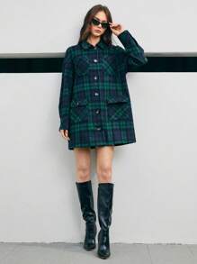 Anewsta 女士格紋襯衫風呢大衣 - 綠色 - 查看 7