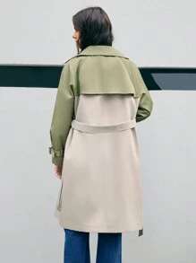 Anewsta 女款拼色翻領雙排扣風衣 - 杏色 - 查看 2