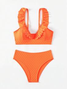 SHEIN Swim Ladies' Ruffled Bikini Set Music Festival Summer Beach - Orange - View 4